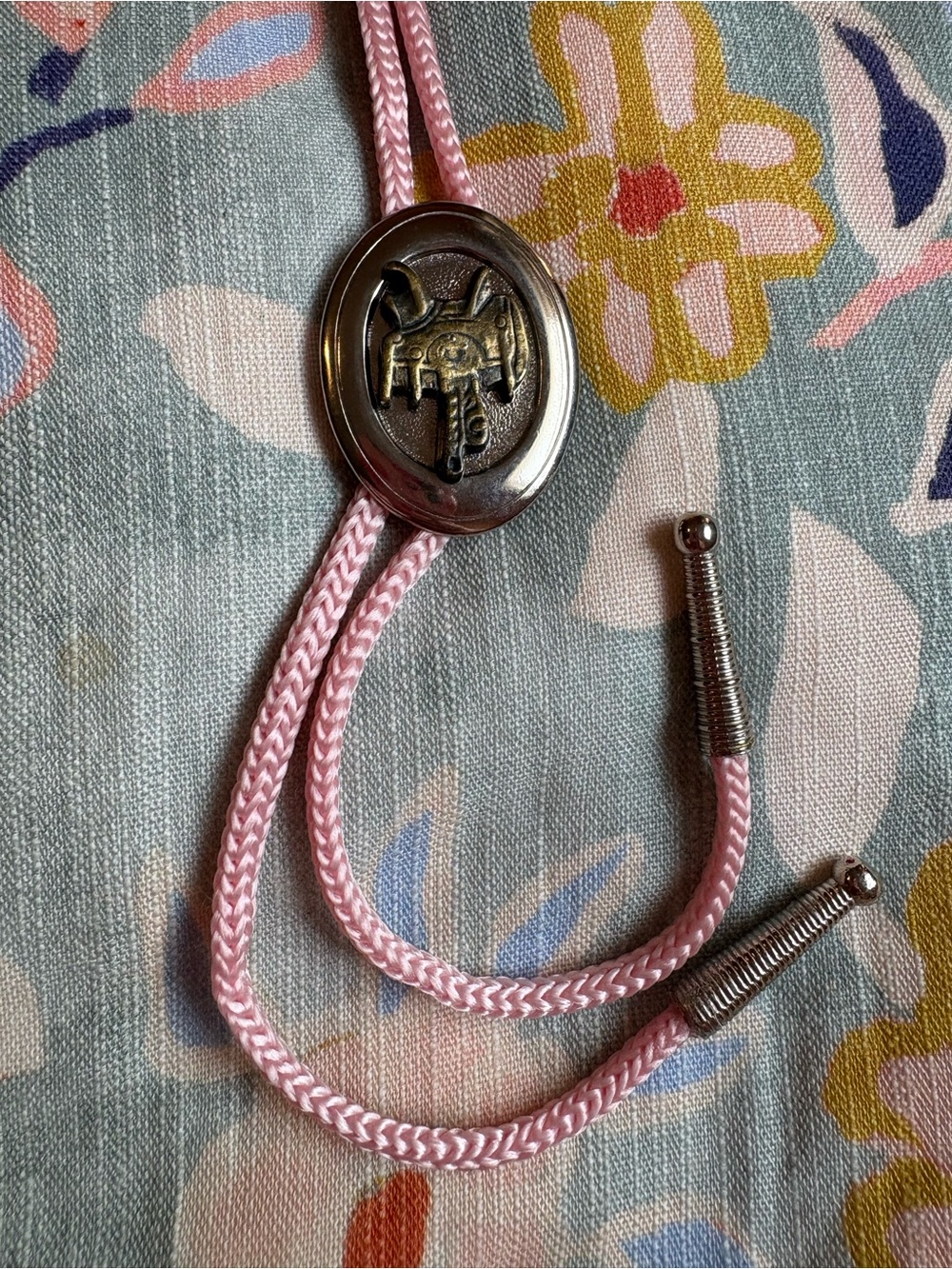 Vintage Western Saddle Bolo Tie | Silver Tone & Brass | Pink Cord